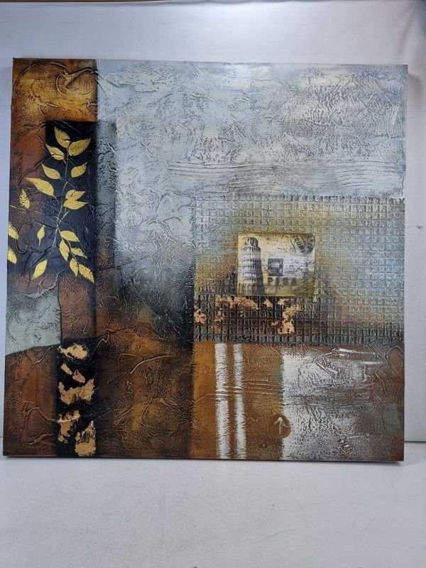 Cuadro Decorativo Abstracto con Relieve y Torre de Pisa (90x90cm)
