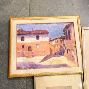 Trío de Cuadros: Óleo de Paisaje Urbano, Retrato y Dibujo Oriental - imagen 4
