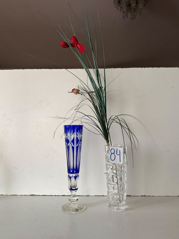 Juego de 2 Floreros de Cristal Tallado Azul y Transparente
