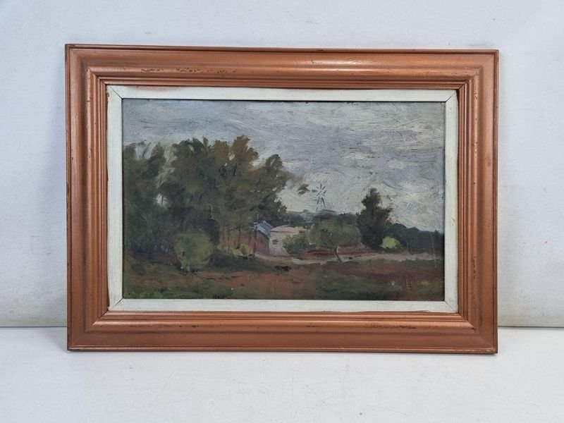 Antiguo Óleo Paisaje Rural Criollo con Estancia y Molino de Viento