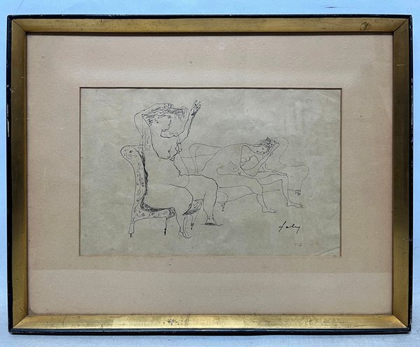 Lote siguiente: Dibujo de mujer sentada con la firma 'Desnudos' en papel