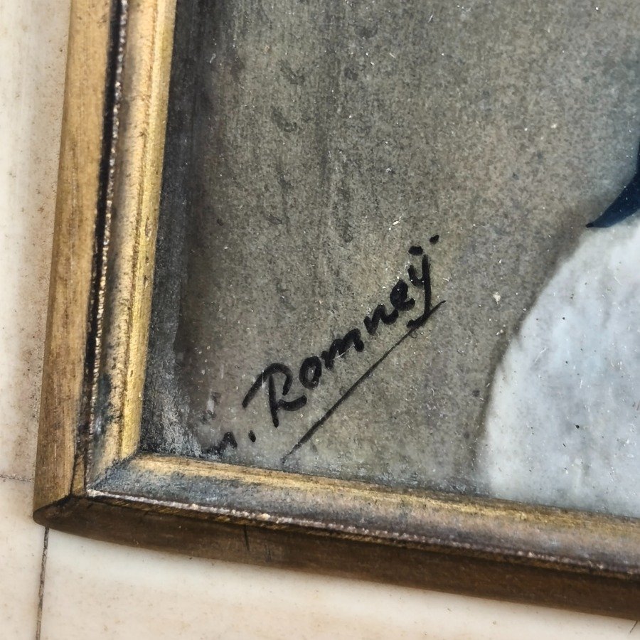 Miniatura pintada a mano por George Romney, retrato femenino con vestimenta de época - imagen 4