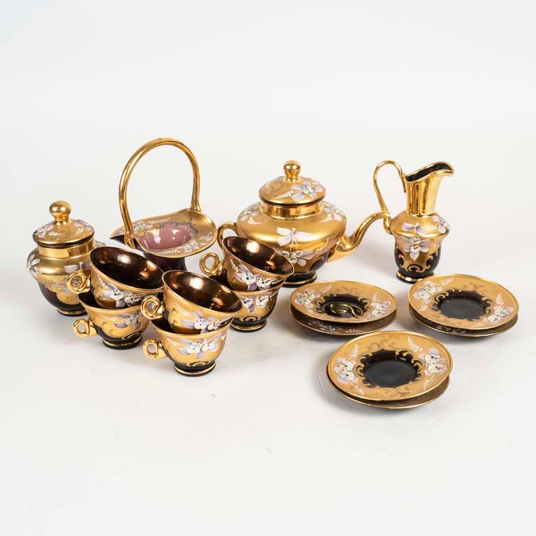 Juego de Té de Cristal Venecia con Canasta y 15 Piezas