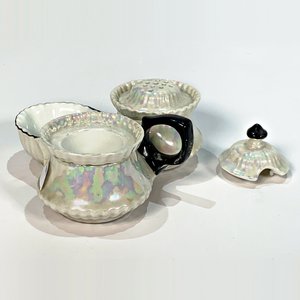 Trío de Porcelana Checoslovaca para Sal, Pimienta y Palillos con Asa Negra - imagen 3