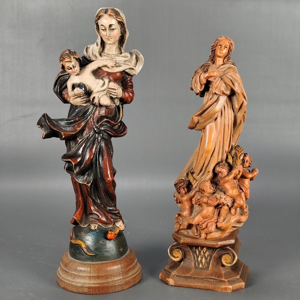 Dos Tallas Religiosas en Madera: Virgen con Niño y Otra con Querubines - imagen 1