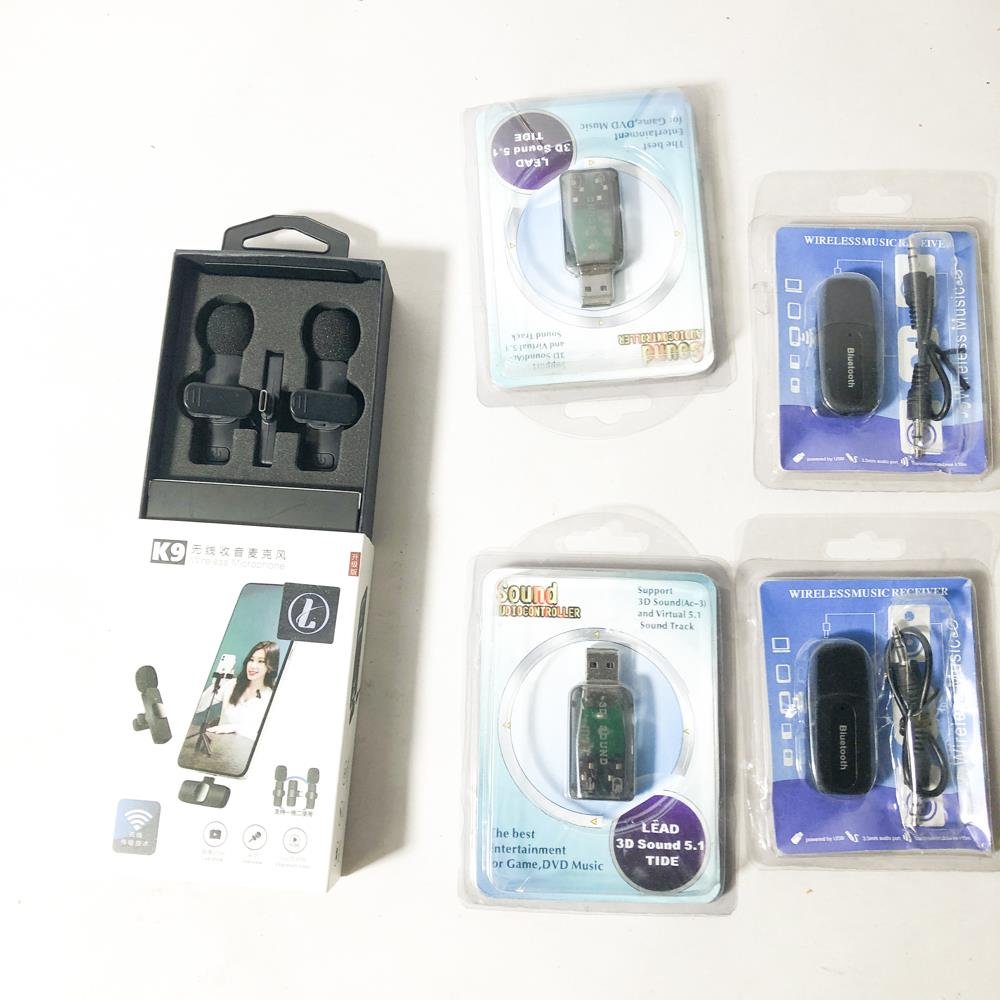 Pack 5 Piezas: 2 Micrófonos Inalámbricos K9, 2 Receptores Bluetooth y 1 Adaptador de Sonido USB