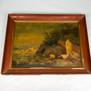 Cuadro al Óleo: Paisaje Marino con Rocas y Torreón, Marco de Madera - imagen 2