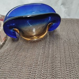Caramelera Antigua de Vidrio y Cuenco de Murano Azul y Dorado - imagen 3