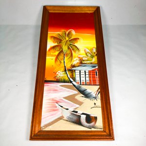 Cuadro al Óleo sobre Tela: Paisaje Tropical con Palmera y Canoa, Marco de Madera - imagen 2