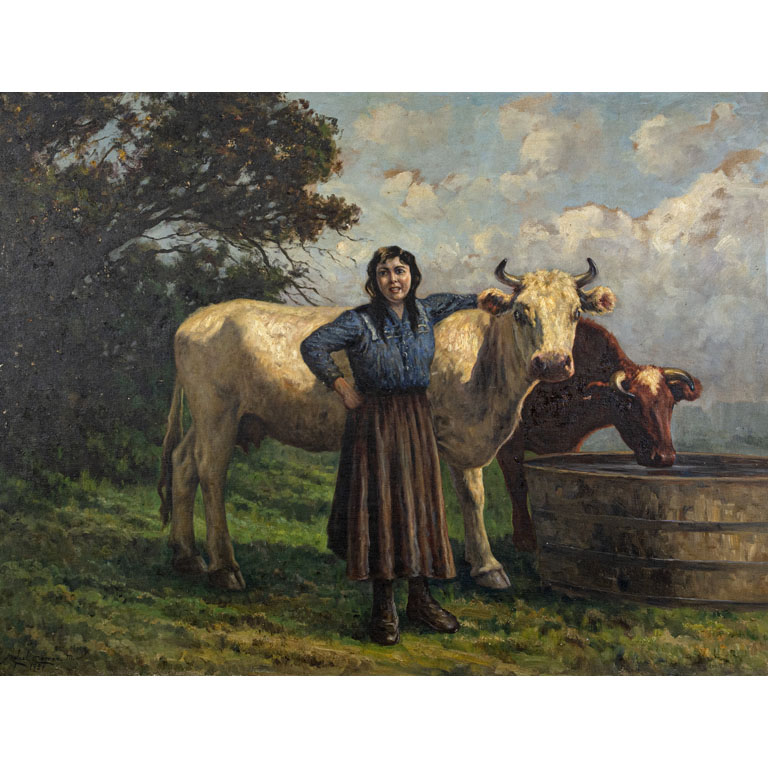 Lote anterior: Pintura de campesina con vacas, óleo sobre tela
