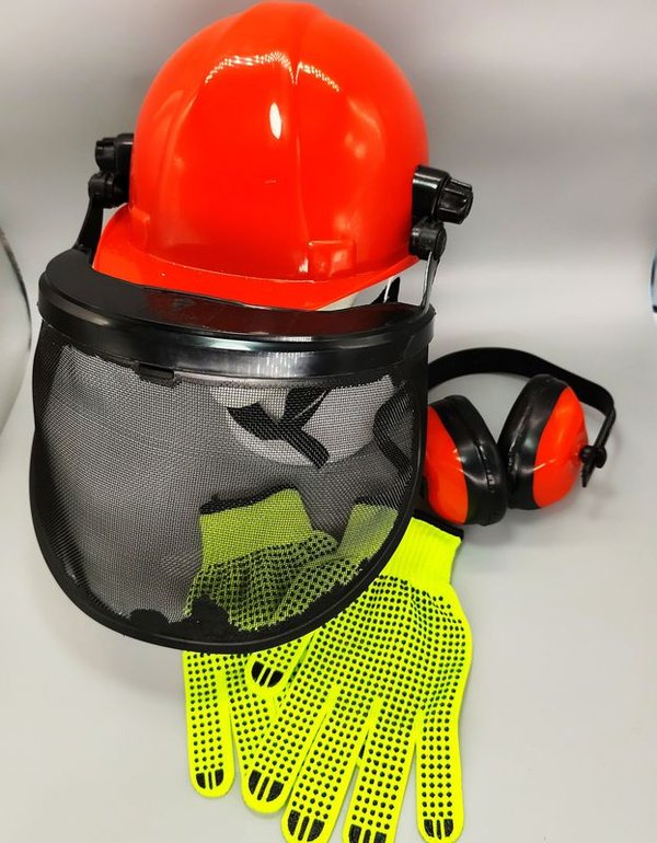 Kit de Paisajista: Casco Rojo con Protección Facial, Protector Auditivo y Guantes