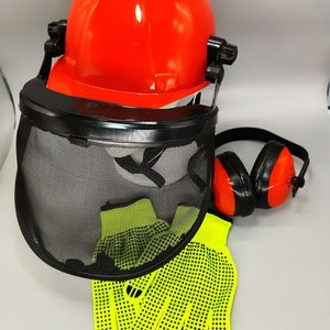 Lote siguiente: Kit de Paisajista: Casco Rojo con Protección Facial, Protector Auditivo y Guantes