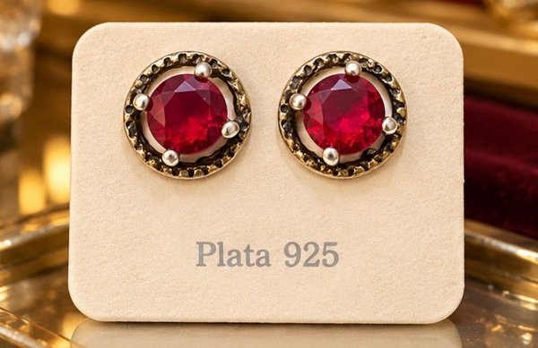 Par de Aros Plata 925 con Cristales Rojo Rubí Facetados - imagen 1