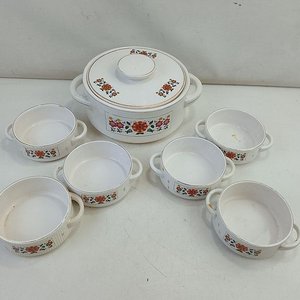 Set Vintage Sopera y 6 Cuencos con Asas, Diseño Floral Esmaltado y Bordes Dorados - imagen 2