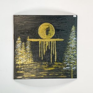Cuadro Óleo sobre Tela: Paisaje Nocturno con Luna y Árboles en Negro y Dorado - imagen 1