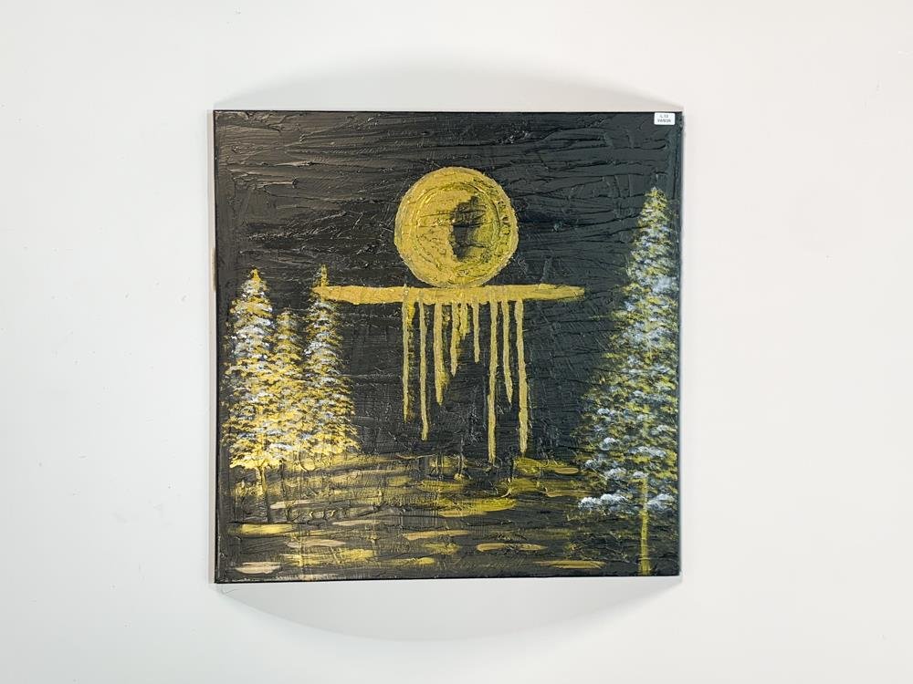 Cuadro Óleo sobre Tela: Paisaje Nocturno con Luna y Árboles en Negro y Dorado