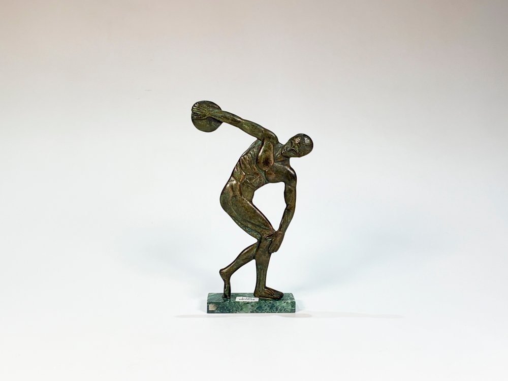Escultura Discóbolo de Mirón en Metal sobre Base de Mármol Verde