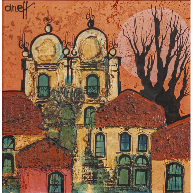 Pintura de paisaje con pueblo y iglesia, técnica mixta sobre tela