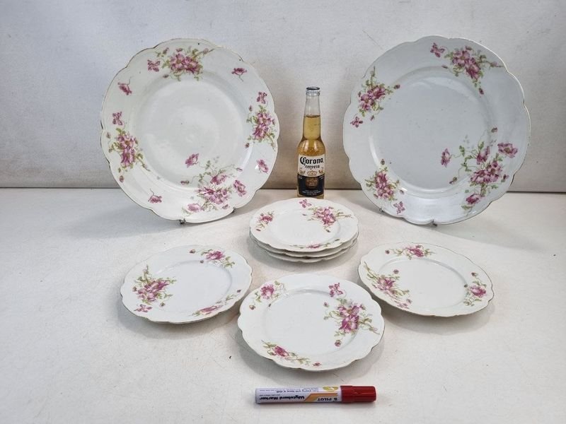 Juego de 8 Platos de Loza Antigua Austriaca MZ Austria con Flores y Bordes Dorados