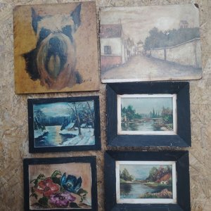 Lote de 5 Cuadros: Retrato de Perro, Paisajes y Flores - imagen 3