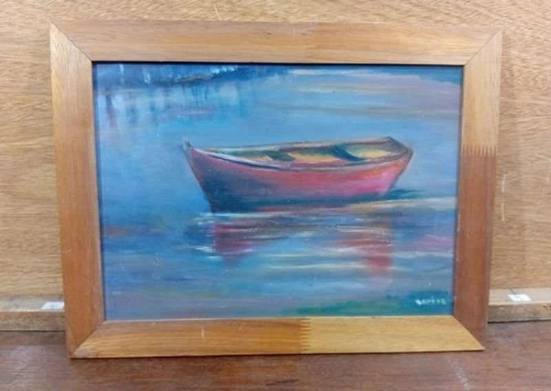 Cuadro "Bote" Pintura sobre Vidrio con Marco de Madera