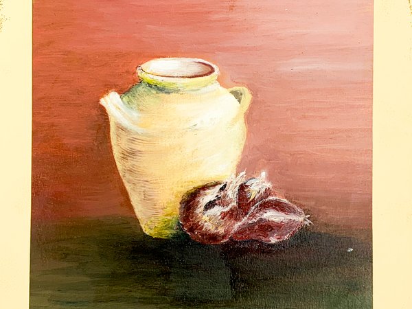 Pintura óleo en cartón, Jarrón y cebollas coloradas - imagen 2