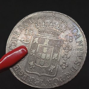 Moneda Brasil 960 Reis 1818 Río de Janeiro Plata - Acuñada sobre Chile 1 Peso Independiente - imagen 5