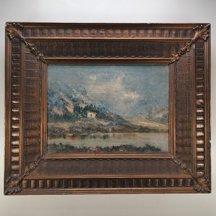 Óleo sobre lienzo: Paisaje Montañoso con Casa y Firma Ilegible