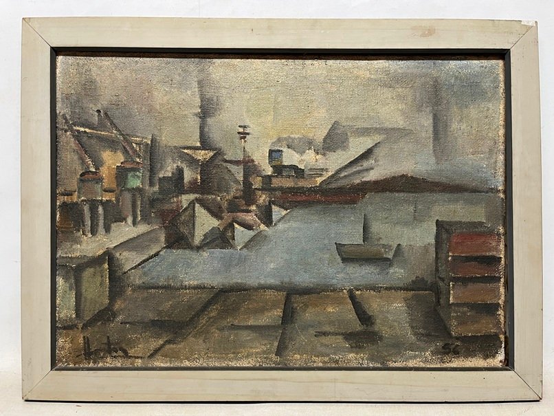 Lote anterior: Pintura de ciudad con barco en agua, obra de arte