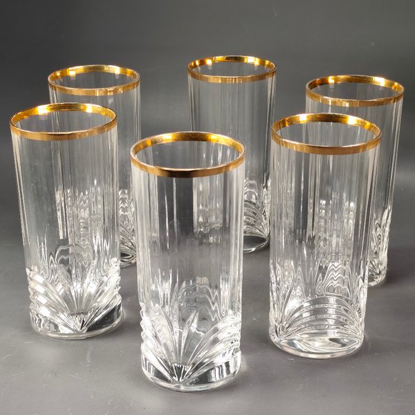 Seis Vasos Altos de Cristal Grueso con Borde Dorado y Diseño en Relieve - imagen 1