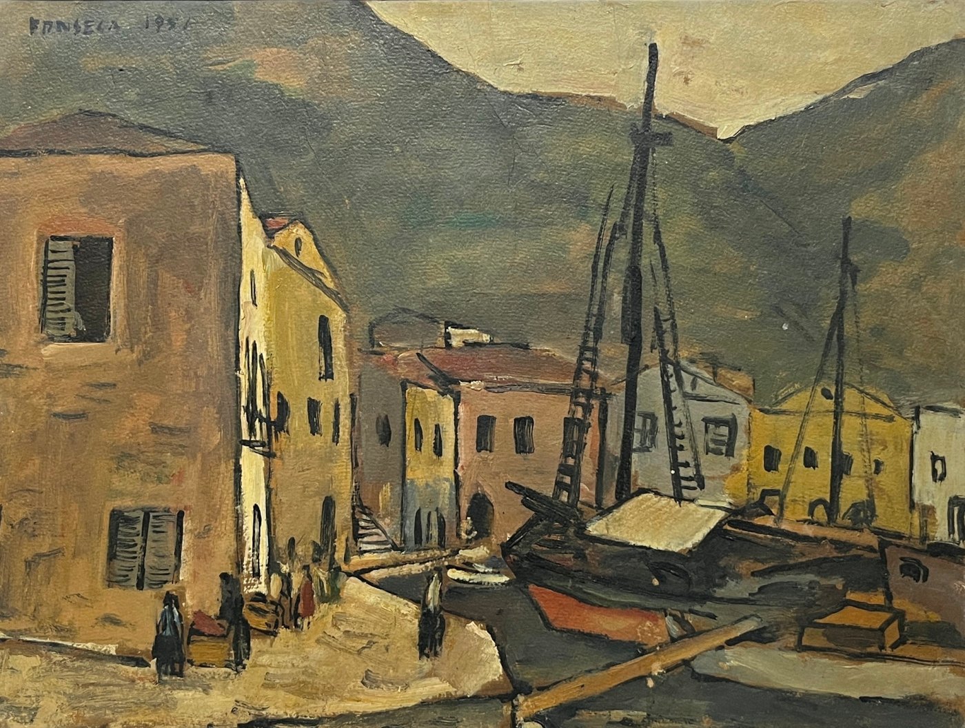 Oleo "Pueblo con costa" de Gonzalo Fonseca, 1951