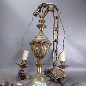 Araña de Bronce Macizo Antigua de 6 Luces con Cadena y Florón - imagen 5