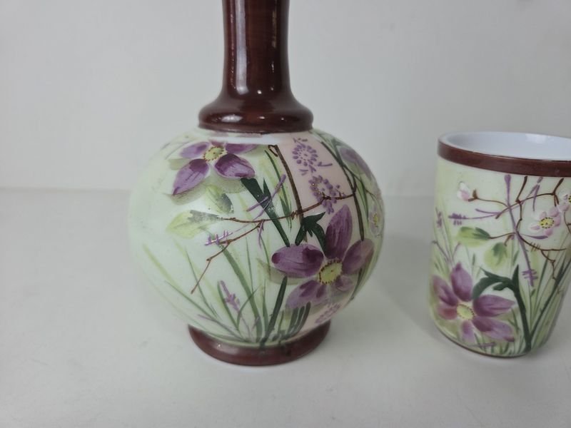 Conjunto de jarra de noche y vaso a juego de vidrio opalina decorado a mano - imagen 4