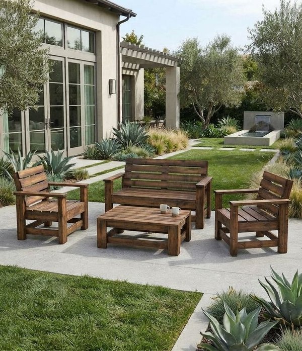 Juego de Muebles de Exterior en Madera: Mesa Ratona y Tres Bancos - imagen 1