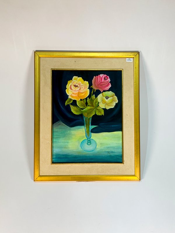 Cuadro Óleo "Florero con Rosas" Firmado "Alis" - 53x43 cm - imagen 1