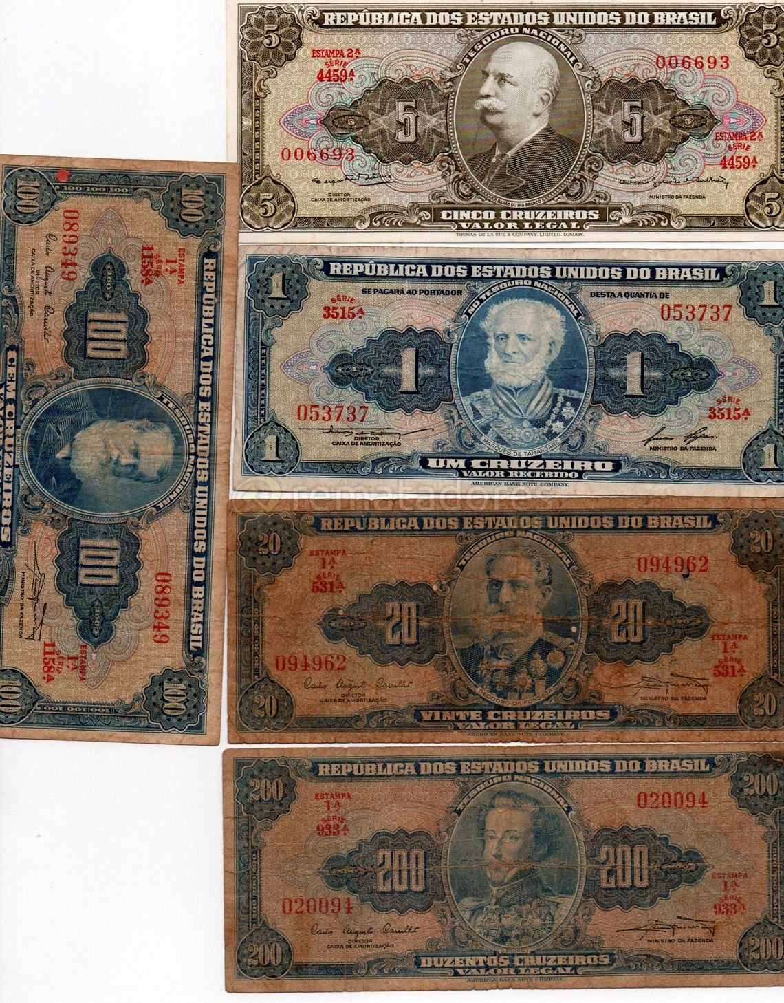 Billetes Antiguos de Brasil: 1, 5, 10, 20, 100 y 200 Cruzeiros