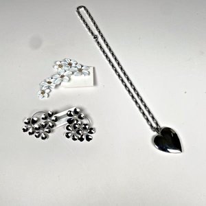 Lote siguiente: Conjunto de Joyería Fantasía: Cadena con Dije Corazón y Par de Aretes Florales
