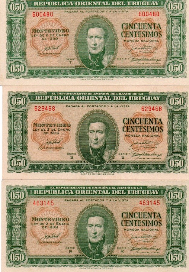 Lote de 3 Billetes de 50 Centésimos Uruguayos - Año 1939