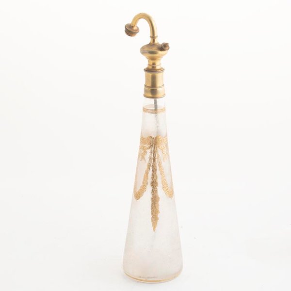 Perfumero Antiguo de Cristal con Esmalte Dorado y Puntero Metálico - imagen 1