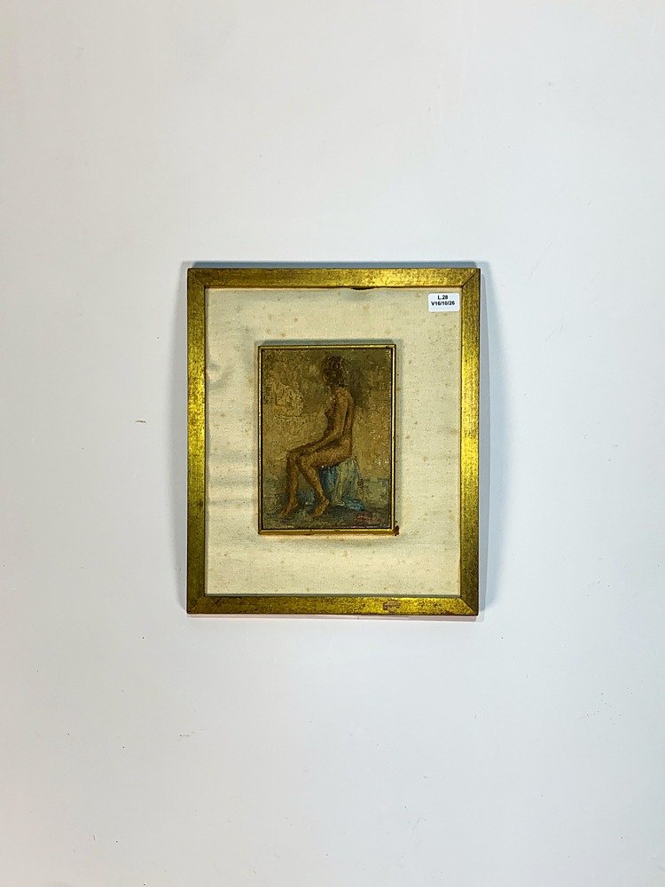 Cuadro Óleo sobre Cartón: Desnudo de Dama Sentada, Firmado