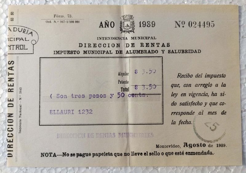 Recibo de Impuesto Municipal de Alumbrado y Salubridad de Montevideo 1939