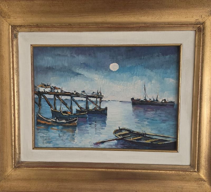 Cuadro "Puerto de Noche" de José Arditti, 32 x 23 cm