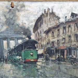 Óleo Antiguo "Escena Urbana con Tranvía" de Carlo Castelfranchi - imagen 2