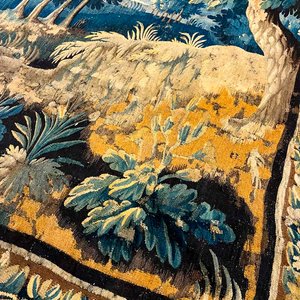 Tapiz Francés Aubusson Tejido en Lana: Paisaje con Castillo, Aves y Flores - imagen 2