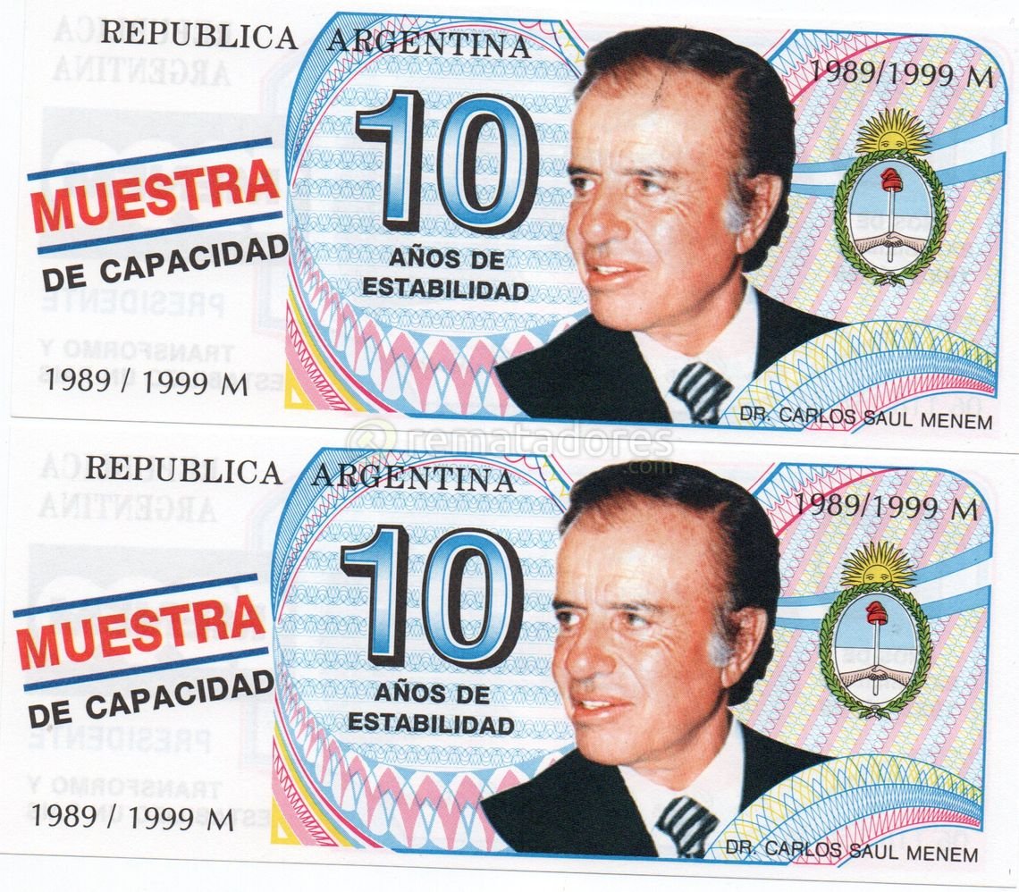 Muestra de Billetes de 10 Australes de Argentina con Carlos Menem