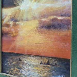 Cuadro al Óleo: Atardecer Marino con Velas, Marco Dorado y Paspartú Verde - imagen 3
