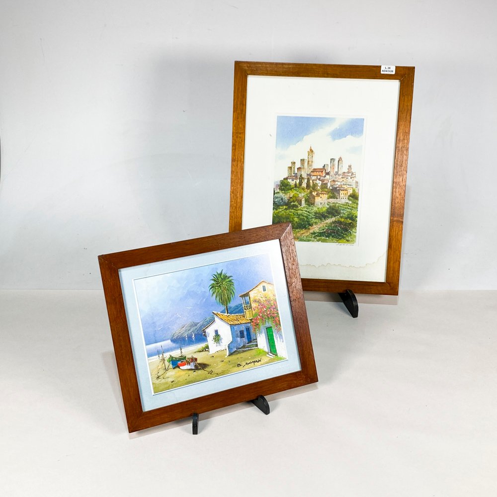 Lote siguiente: Dos pinturas de escena de playa y castillo