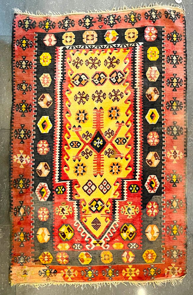 Alfombra Kilim de Lana Beige, Rosa y Marrón con Dibujos Geométricos