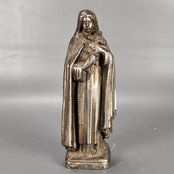 Figura Religiosa de Metal Plateado - Virgen con Cruz y Rosario - imagen 1