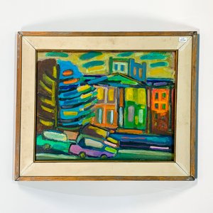 Cuadro al óleo sobre fibra: Caseríos y calle multicolor, 47 x 38 cm - imagen 1